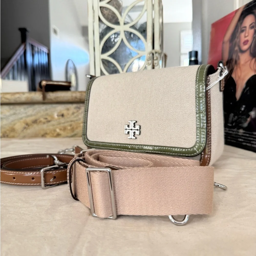 New Tory Burch Thea web flap shoulder bag/crossbody in canvas cream leather trim